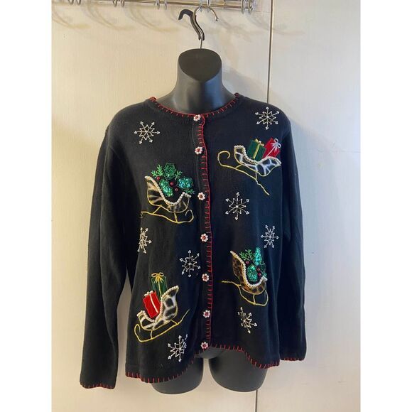 No Design #31691 M Christmas Sweater Bling Sequins Pearl Sleigh Snowflakes - Picture 1 of 9